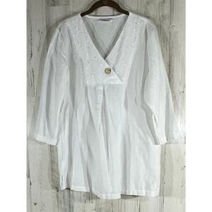 Hot Cotton Tunic Size Large White Linen Blend‎ Eyelet Lace V-neck 3/4 Sleeve
